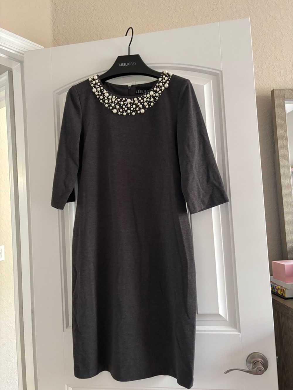Leslie Fay Black Sheath Dress with Pearl Collar